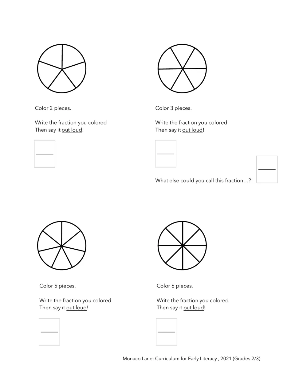 Color and write fractions: students shade 2 of 5, 3 of 6, 5 of 7 and 6 of 8 pizza slices, say each fraction and rename 3/6