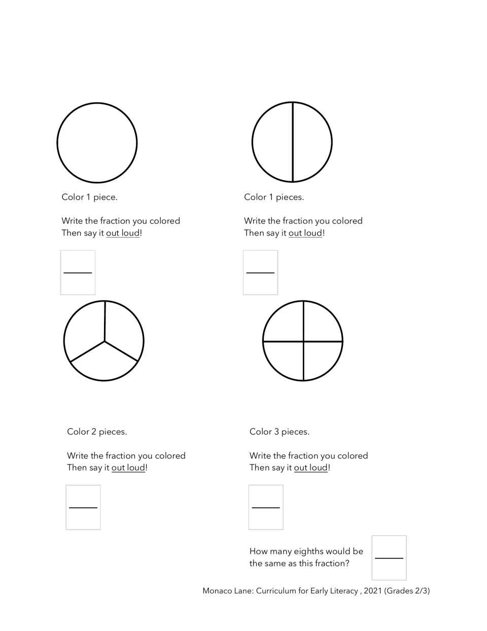 Shading fractions: students color slices of a whole, halves, thirds and fourths, write each, then find eighths for 3/4