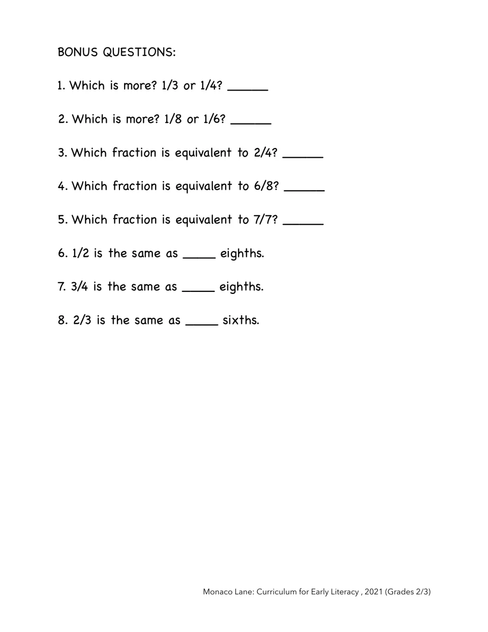 Bonus questions: students compare 1/3 with 1/4 and 1/8 with 1/6, then find equivalent fractions for 2/4, 6/8, 7/7 and more