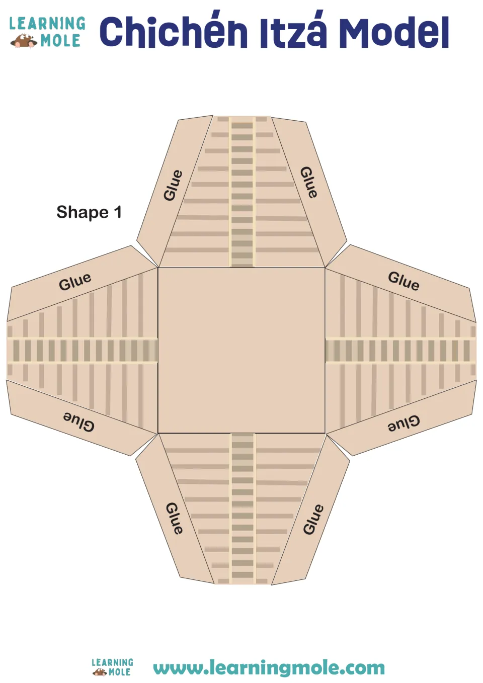 Chichén Itzá model, Shape 1: cut-out piece of the pyramid net with four staircase sides and glue tabs to fold