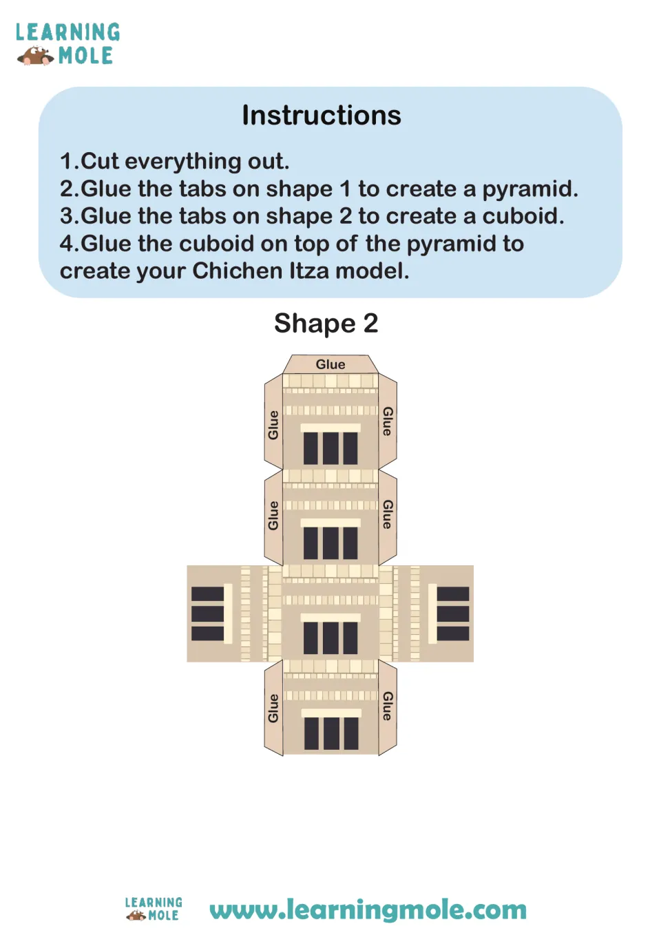 Assembly steps: glue Shape 1 into a pyramid, Shape 2 into a cuboid, stack them; Shape 2 cut-out piece with doorways below