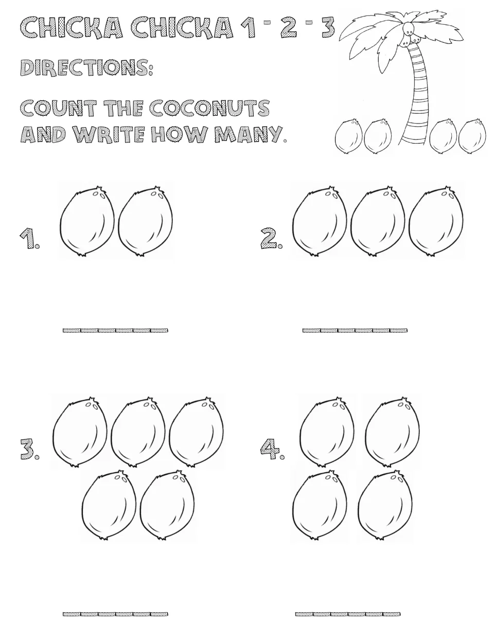 Chicka Chicka 1-2-3 coconut counting: students count groups of 2, 3, 5 and 4 coconuts and write each number