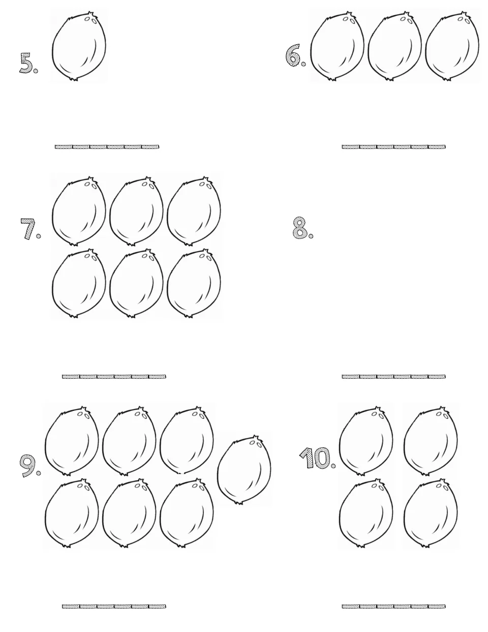 Coconut counting items 5-10: students count sets of 1, 3, 6, 7 and 4 coconuts and write how many; item 8 shows no coconuts
