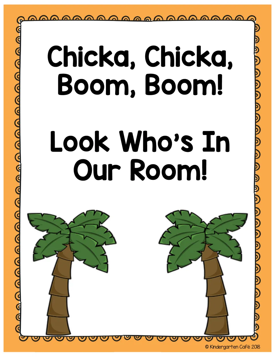 Class book front cover reading Look Who's In Our Room! above two green cartoon palm trees, to bind with student pages