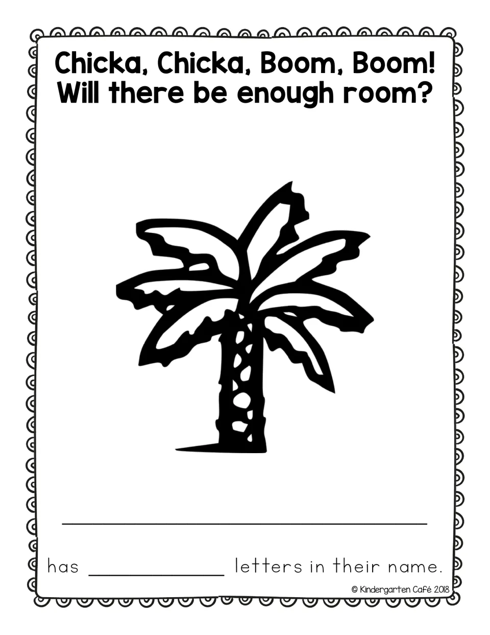Name letter counting: students write a name under the palm tree and fill in how many letters that name has