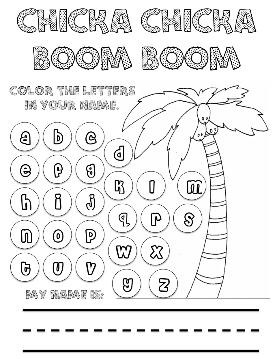 Name letter recognition: students color the lowercase letter circles in their name, then write it beside a coconut tree