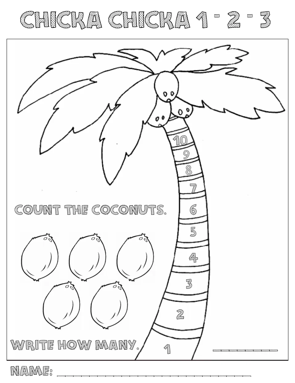 Chicka Chicka 1-2-3 counting: students count five coconuts and write how many, using a tree trunk numbered 1 to 10