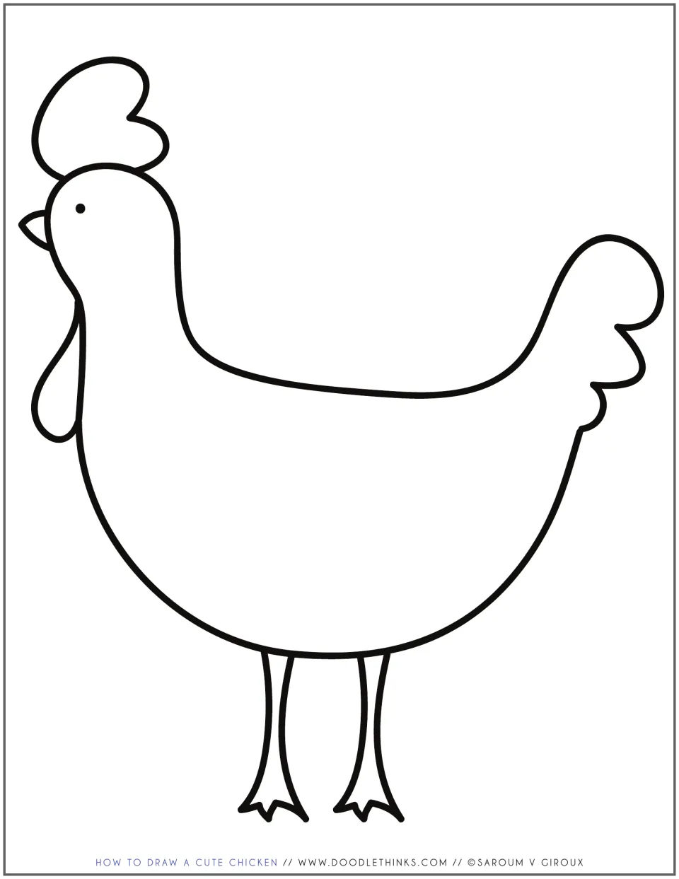 Full-page outline of a finished chicken with comb, beak, wattle, tail feathers and legs for students to color or trace