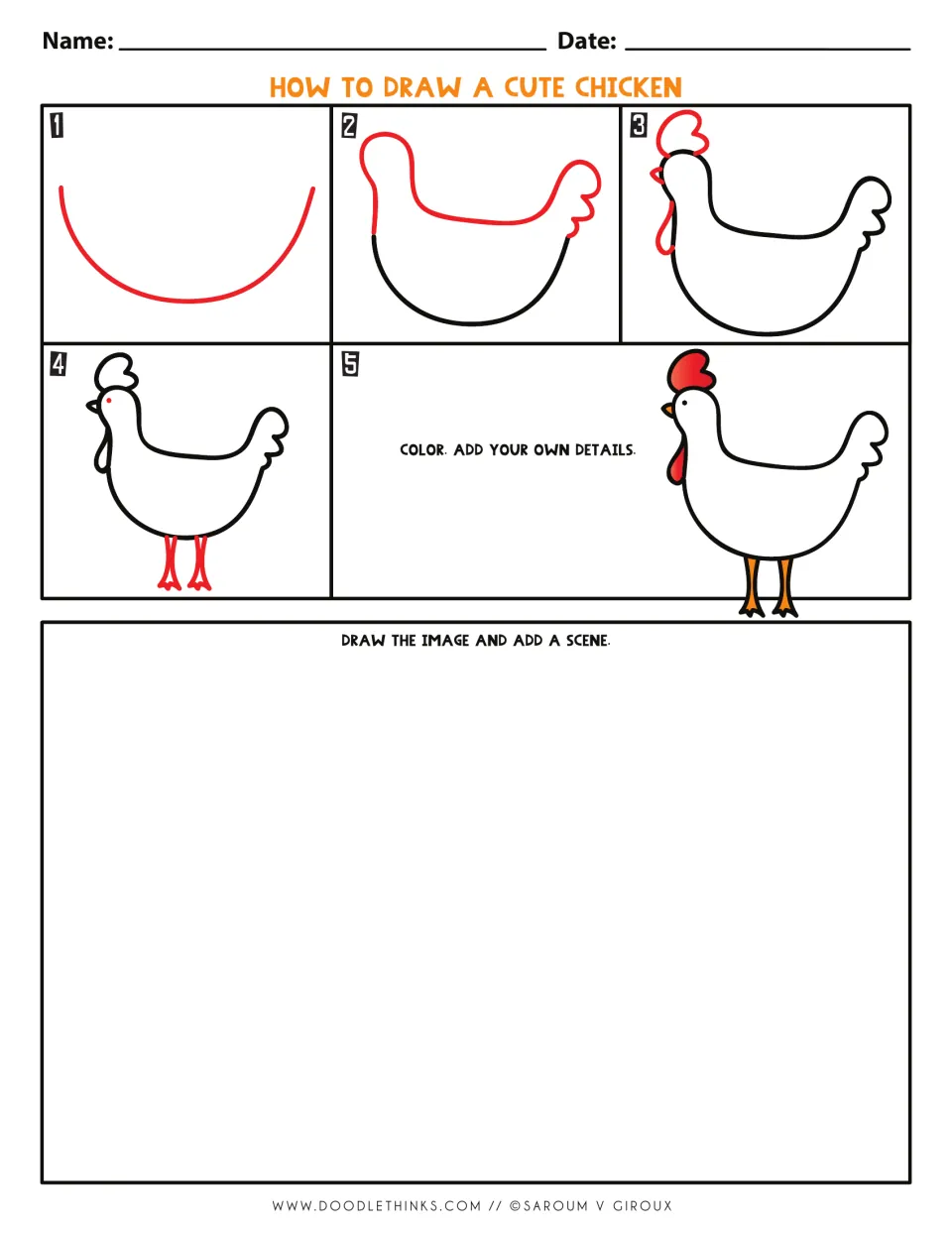 Chicken drawing guide: five small steps end in a colored chicken, then students draw it and add a scene of their own