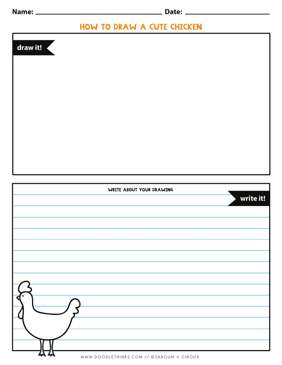 Chicken draw-and-write sheet: students draw a chicken under 'draw it!' then write about their drawing on lined space