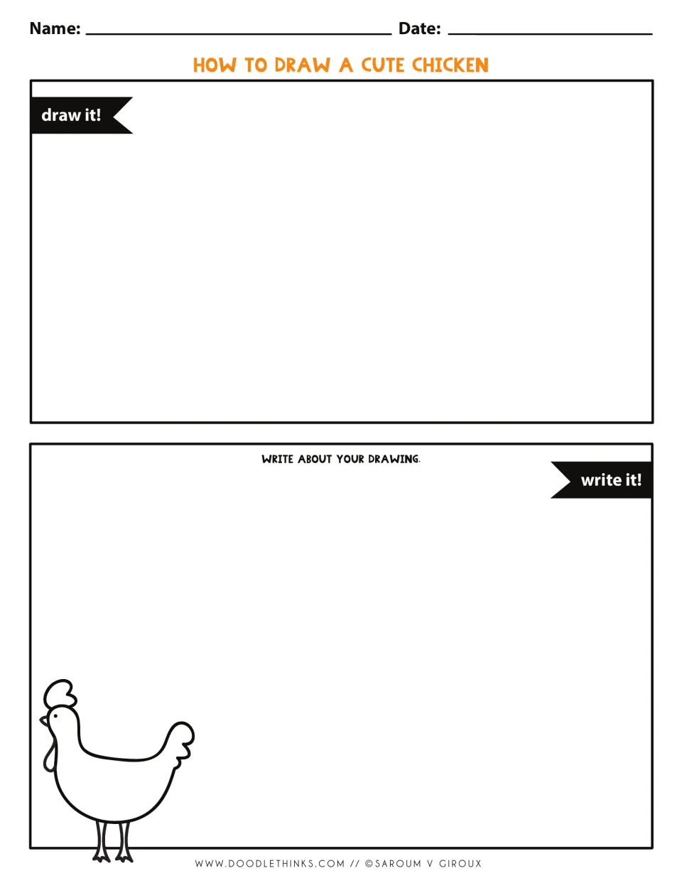 Chicken draw-and-write sheet with an unlined writing area: students draw under 'draw it!' then write about their picture