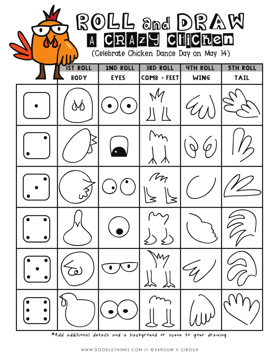Roll and Draw a Crazy Chicken in color: students roll a die 5 times to pick a body, eyes, comb and feet, wing and tail