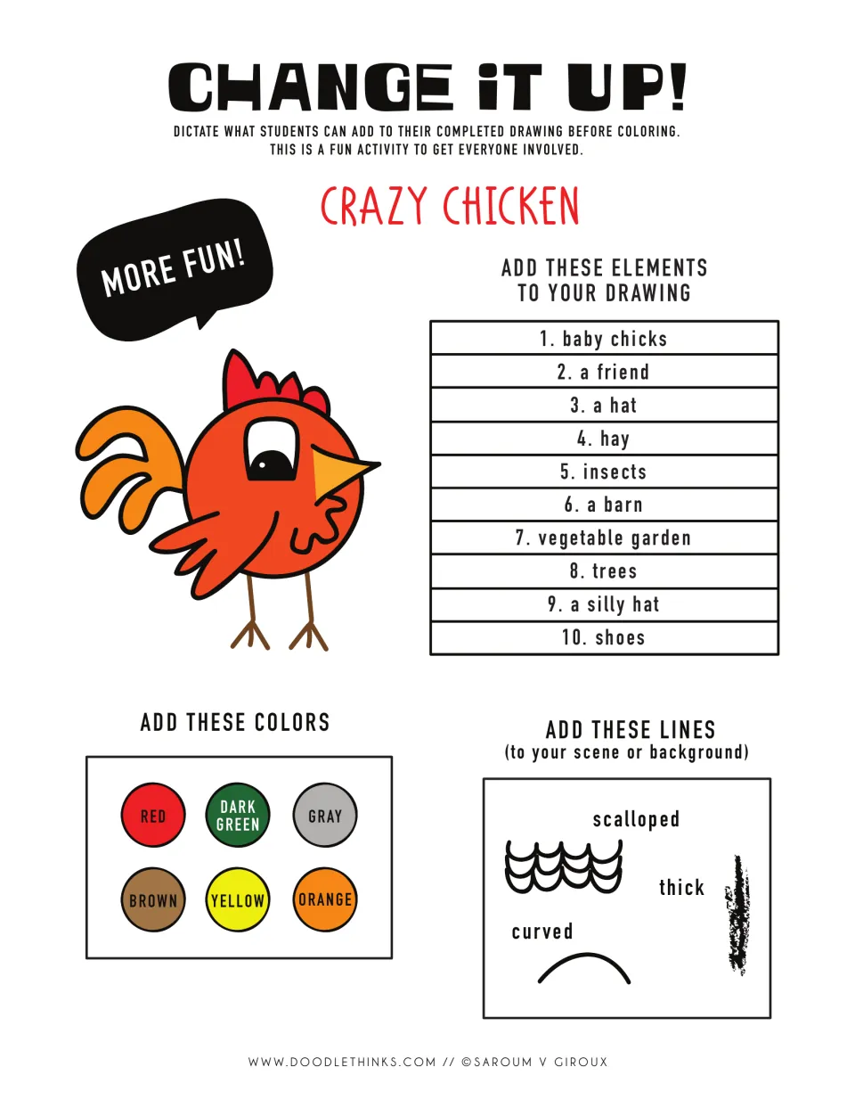 Change It Up crazy chicken extension in color: teacher dictates elements, six colors and line types to add to drawings