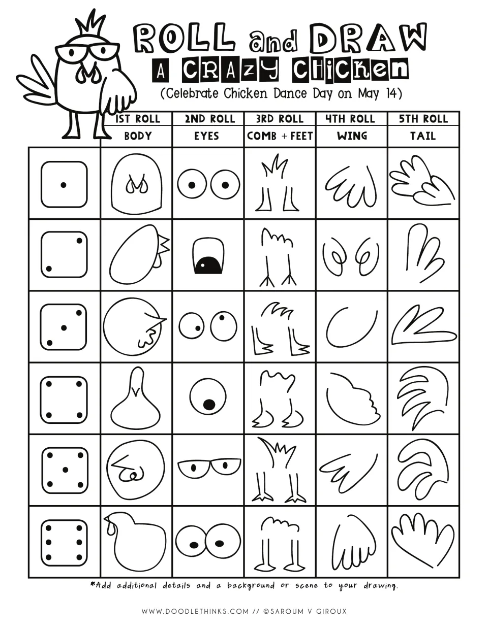 Black-and-white crazy chicken roll chart: die rolls of 1 to 6 choose each body part, then students add a background