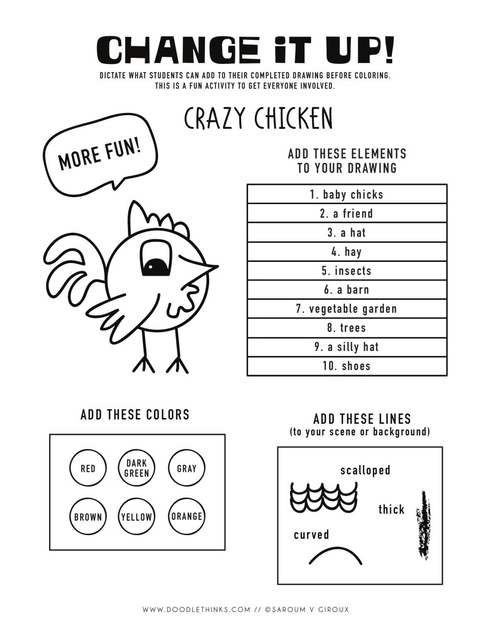 Black-and-white Change It Up list: add baby chicks, a barn and hay, plus scalloped, thick and curved lines