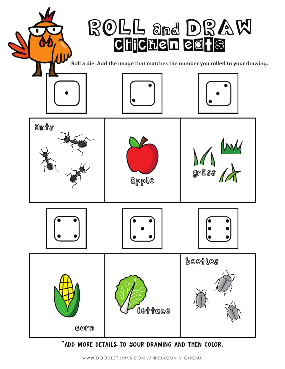 Chicken Eats roll and draw in color: each die number adds ants, an apple, grass, corn, lettuce or beetles to the drawing