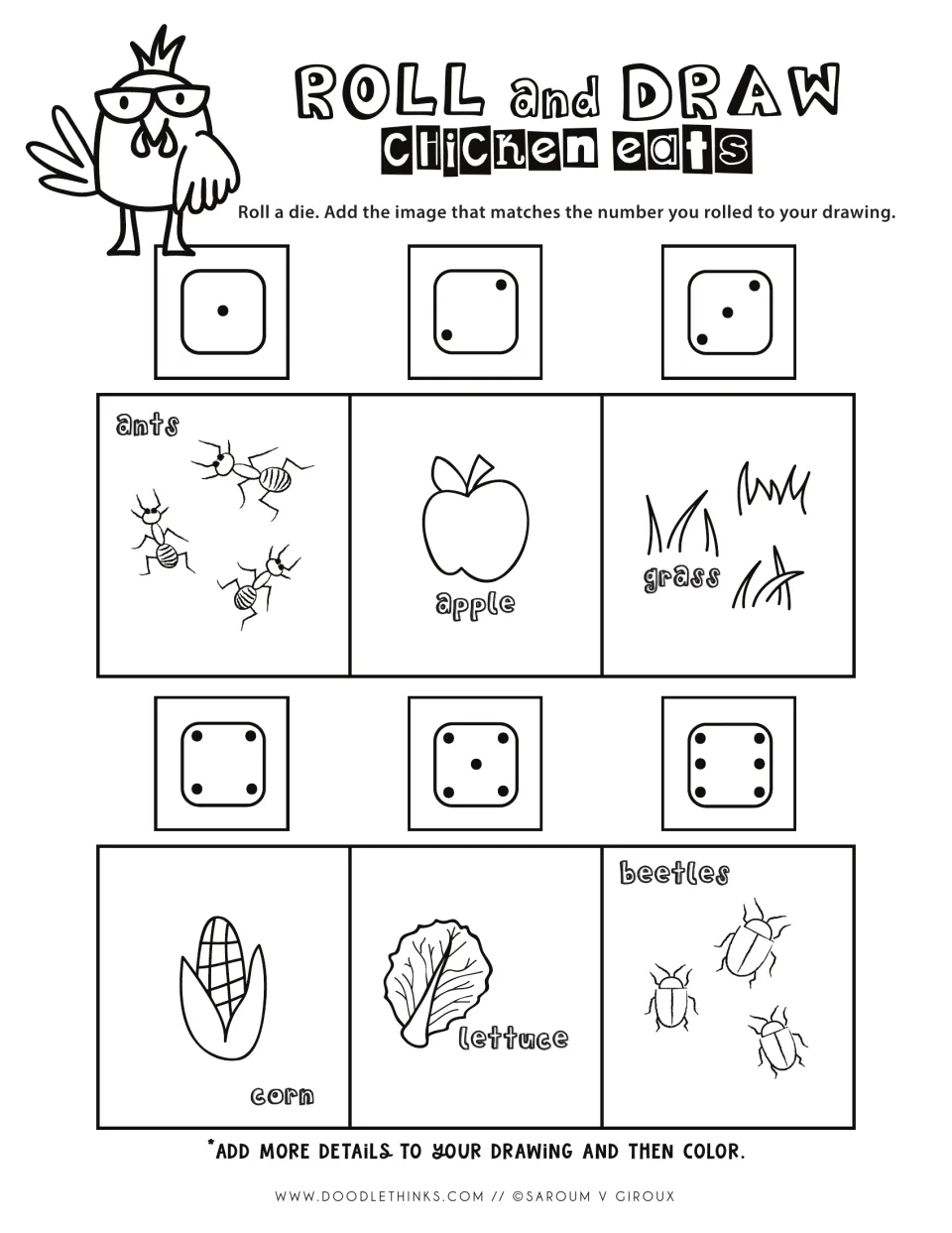 Black-and-white Chicken Eats chart: students roll a die and draw the matching food, from ants to beetles, then color