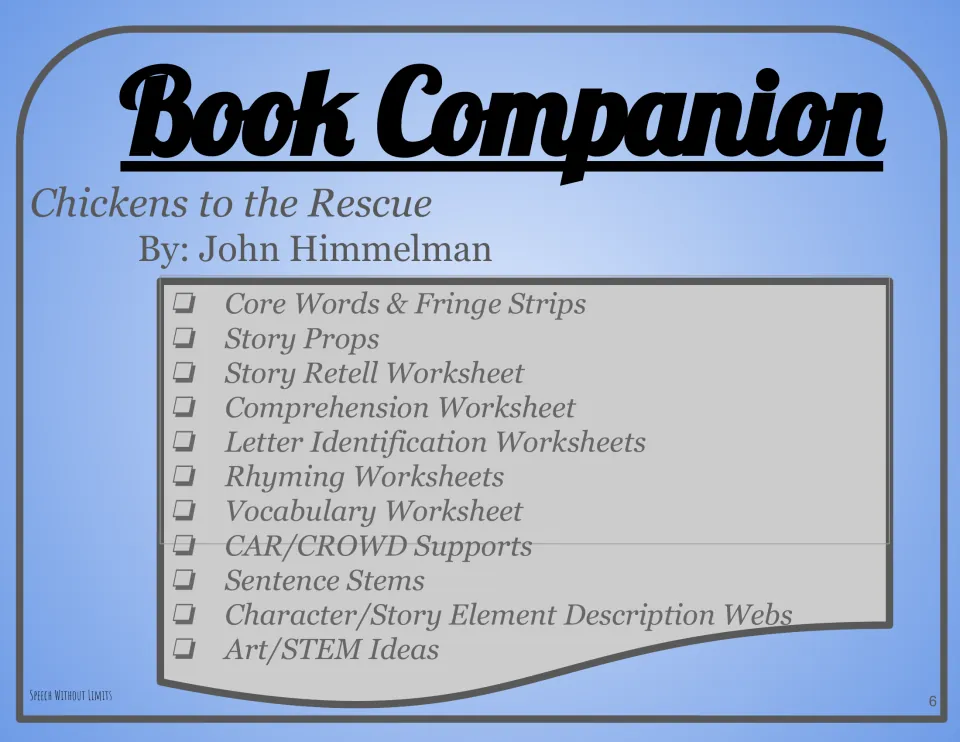 Book companion overview lists vocabulary strips, story props, worksheets, sentence stems, and art/STEM ideas