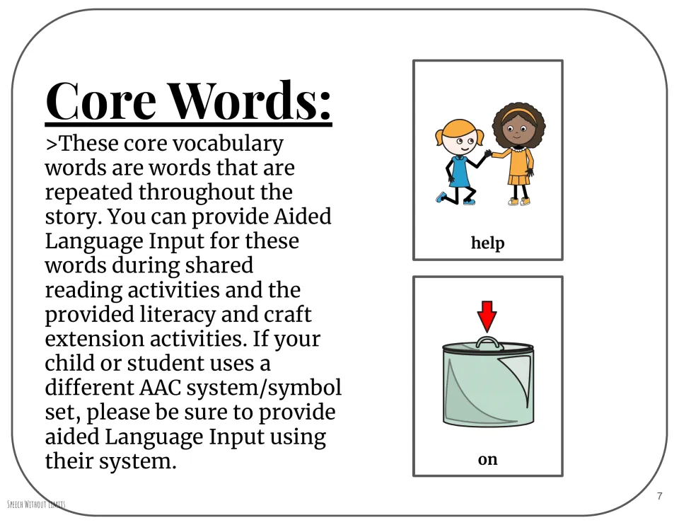 Core vocabulary support introduces help and on with pictures and directions for aided language input