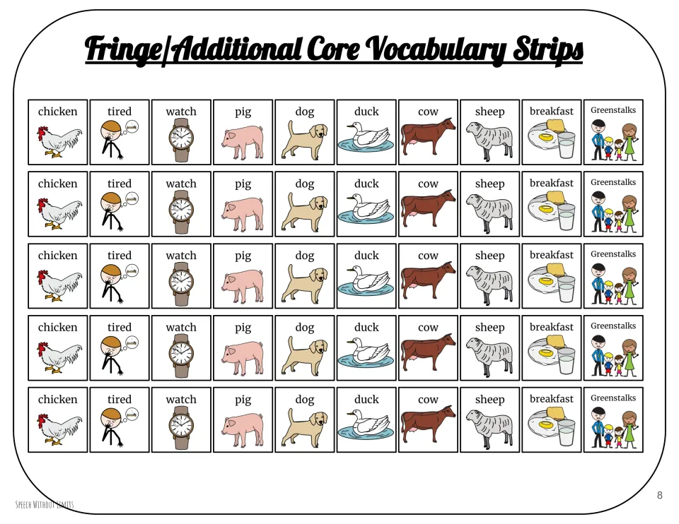 Five copies of a 10-word picture vocabulary strip: chicken, tired, watch, pig, dog, and five more story words