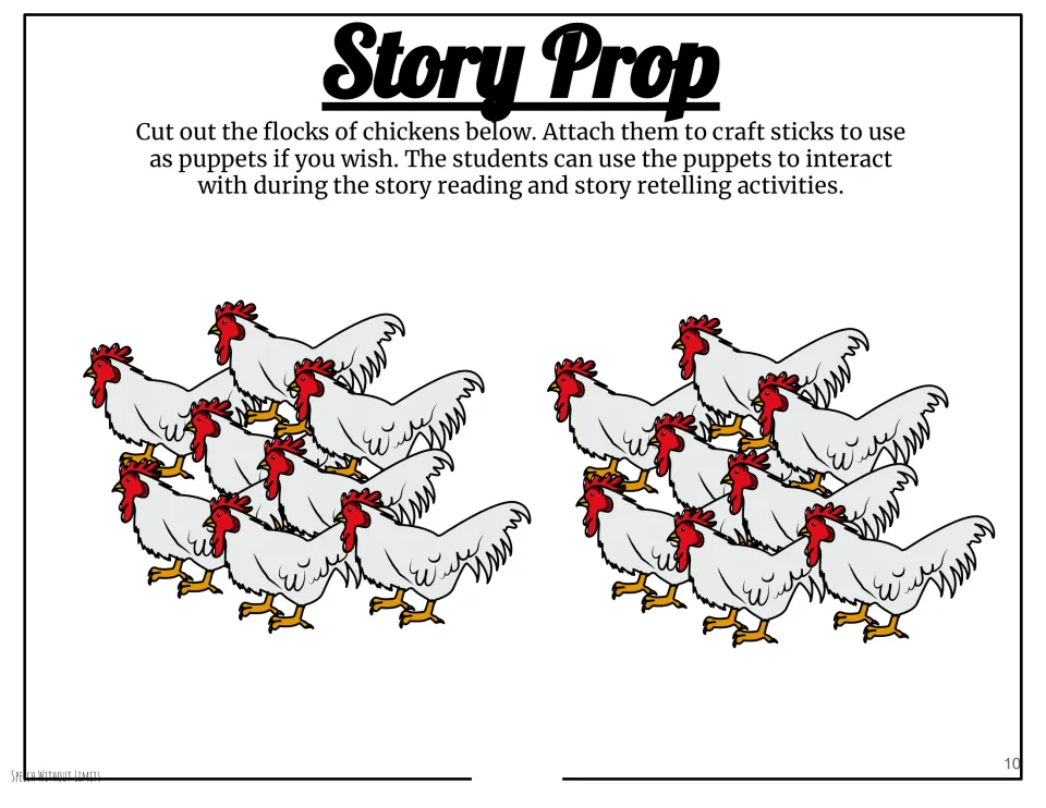 Two chicken flock cutouts serve as story props, with directions to make craft-stick puppets for retelling
