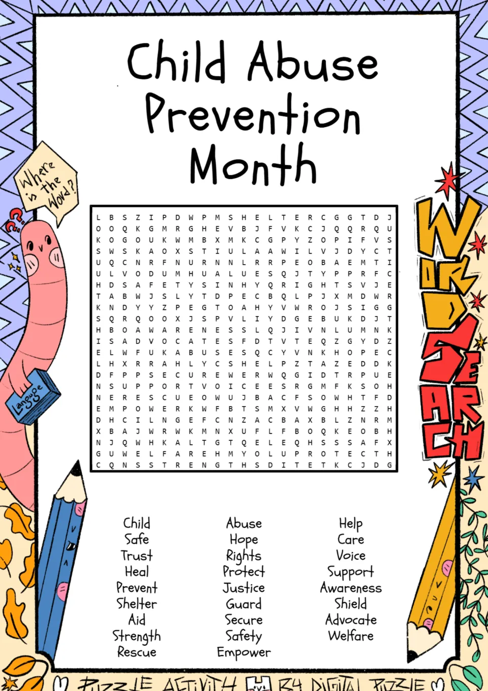Child Abuse Prevention Month word search: students find 26 words such as Safe, Trust, Protect and Advocate in the grid