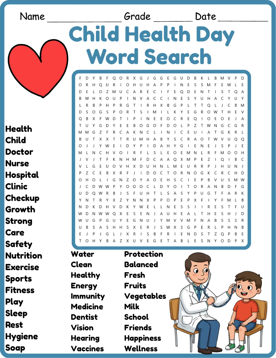 Child Health Day word search in color: students find 40 health words such as doctor, nutrition, hygiene and vaccines