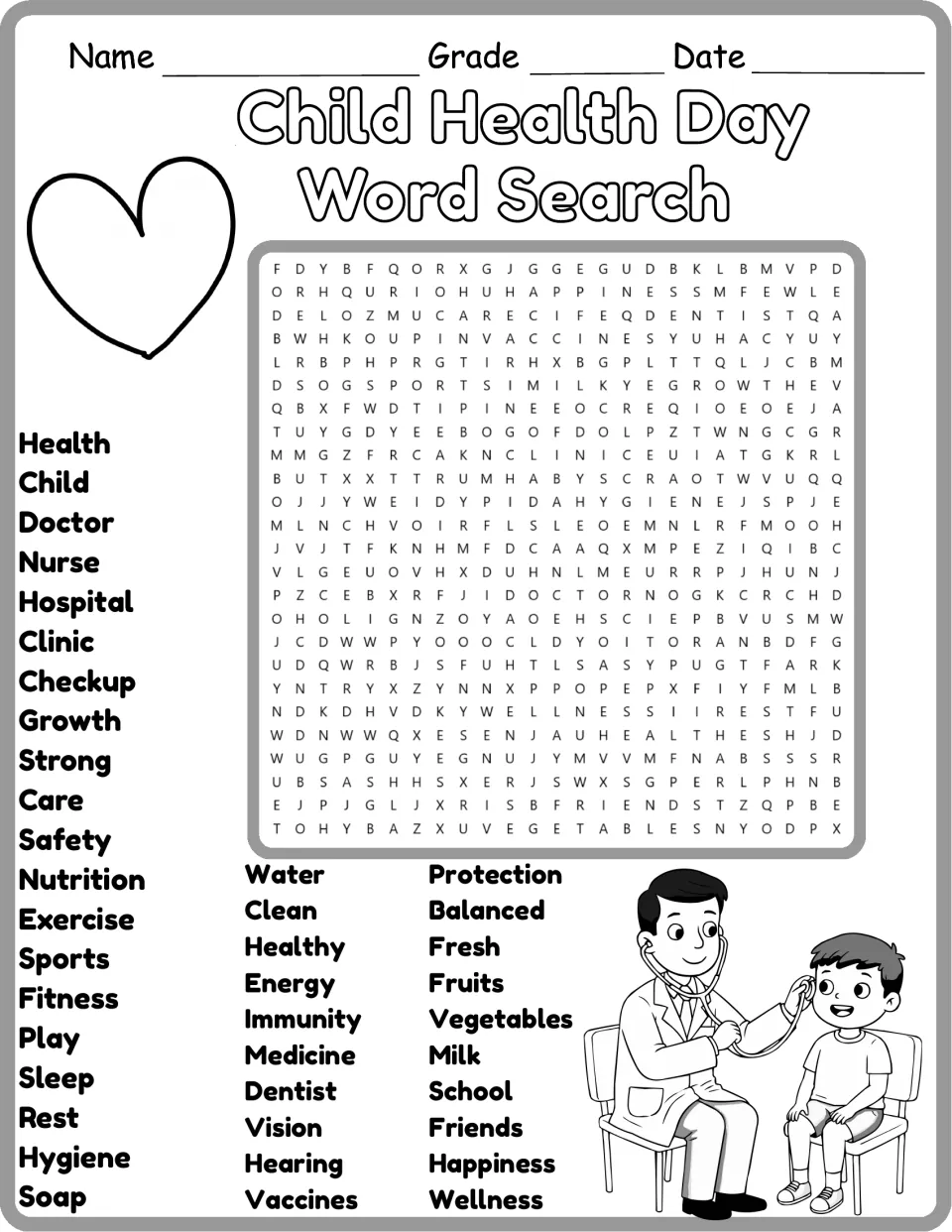 Black-and-white version of the health word search: students hunt for words like clinic, exercise, immunity and fruits