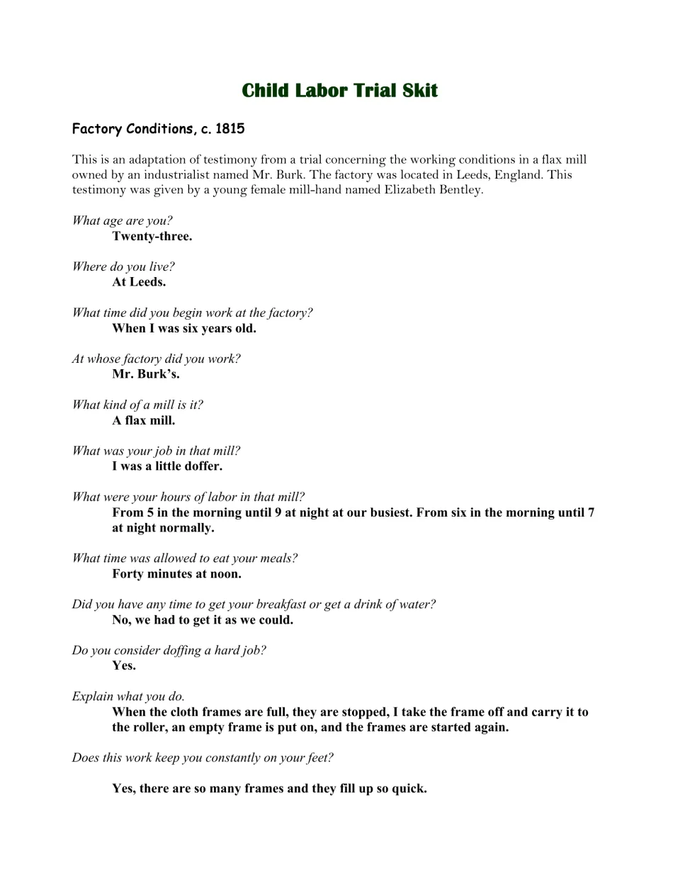 Opening skit page: Elizabeth Bentley describes starting mill work at six, long hours, meals, and doffing.