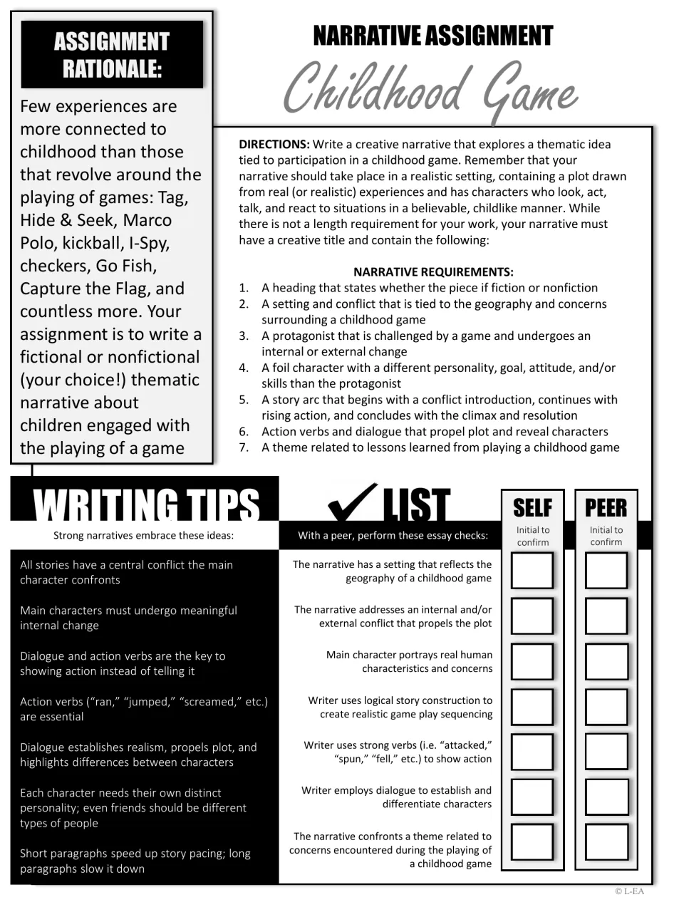 Childhood game narrative assignment: seven story requirements, writing tips, and a self and peer checklist to initial