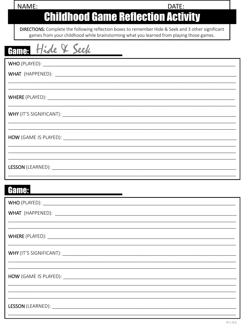Game reflection brainstorm: students recall Hide & Seek and another game, noting who, what, where, why, how and lesson