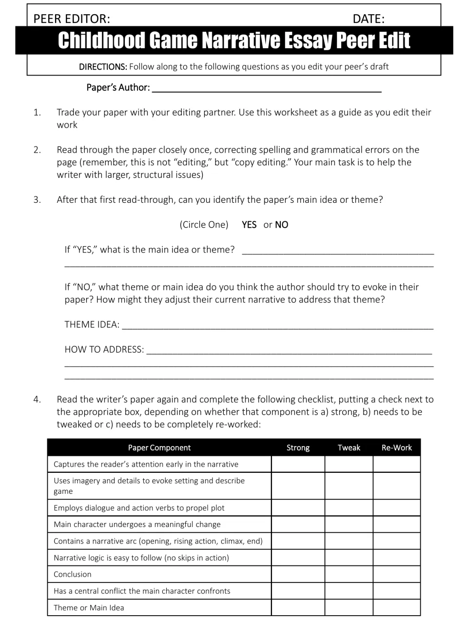 Peer edit, part 1: partners copy edit a draft, name its theme, and rate nine story components as strong, tweak or re-work