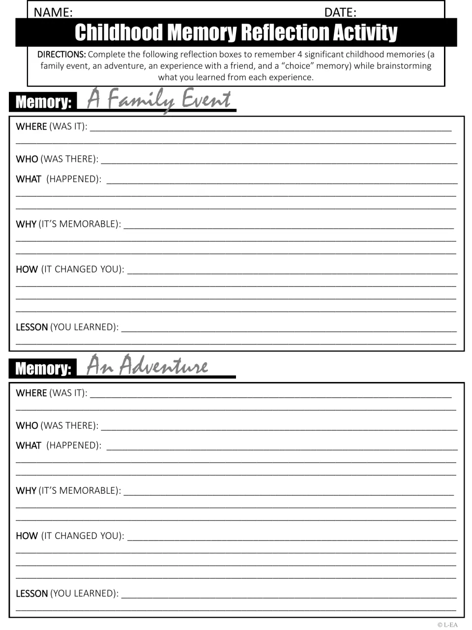 Childhood memory reflection: brainstorm a family event and an adventure by where, who, what, why, how and lesson learned