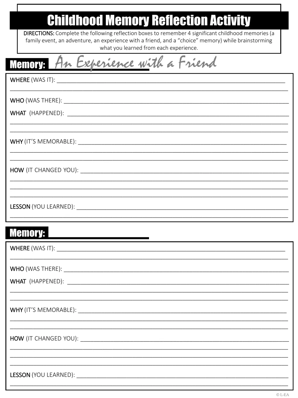 Reflection continued: an experience with a friend plus a blank memory of the student's choice, ending in a lesson learned