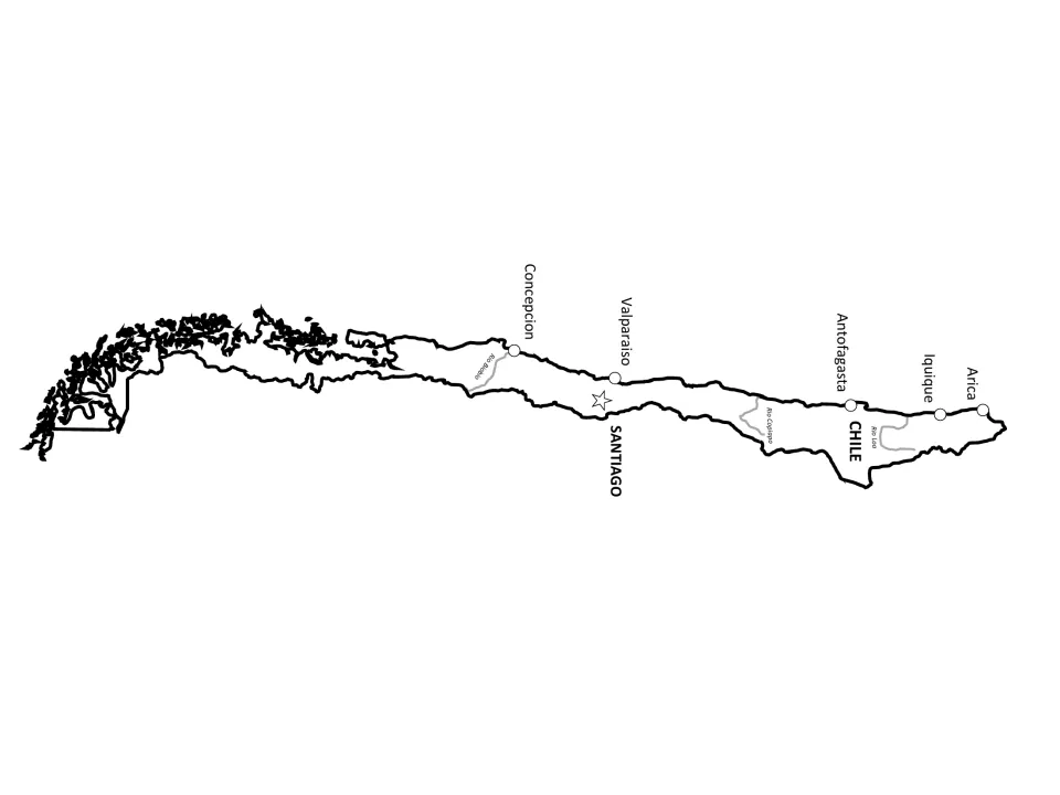 Fully labeled map of Chile with Santiago, five other cities and the Rio Loa, Rio Copiapo and Rio Biobio rivers named