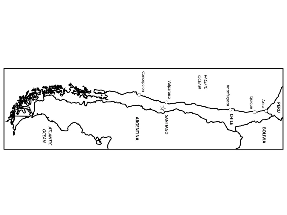 Labeled regional map naming Chile's cities plus Peru, Bolivia, Argentina and the Pacific and Atlantic Oceans