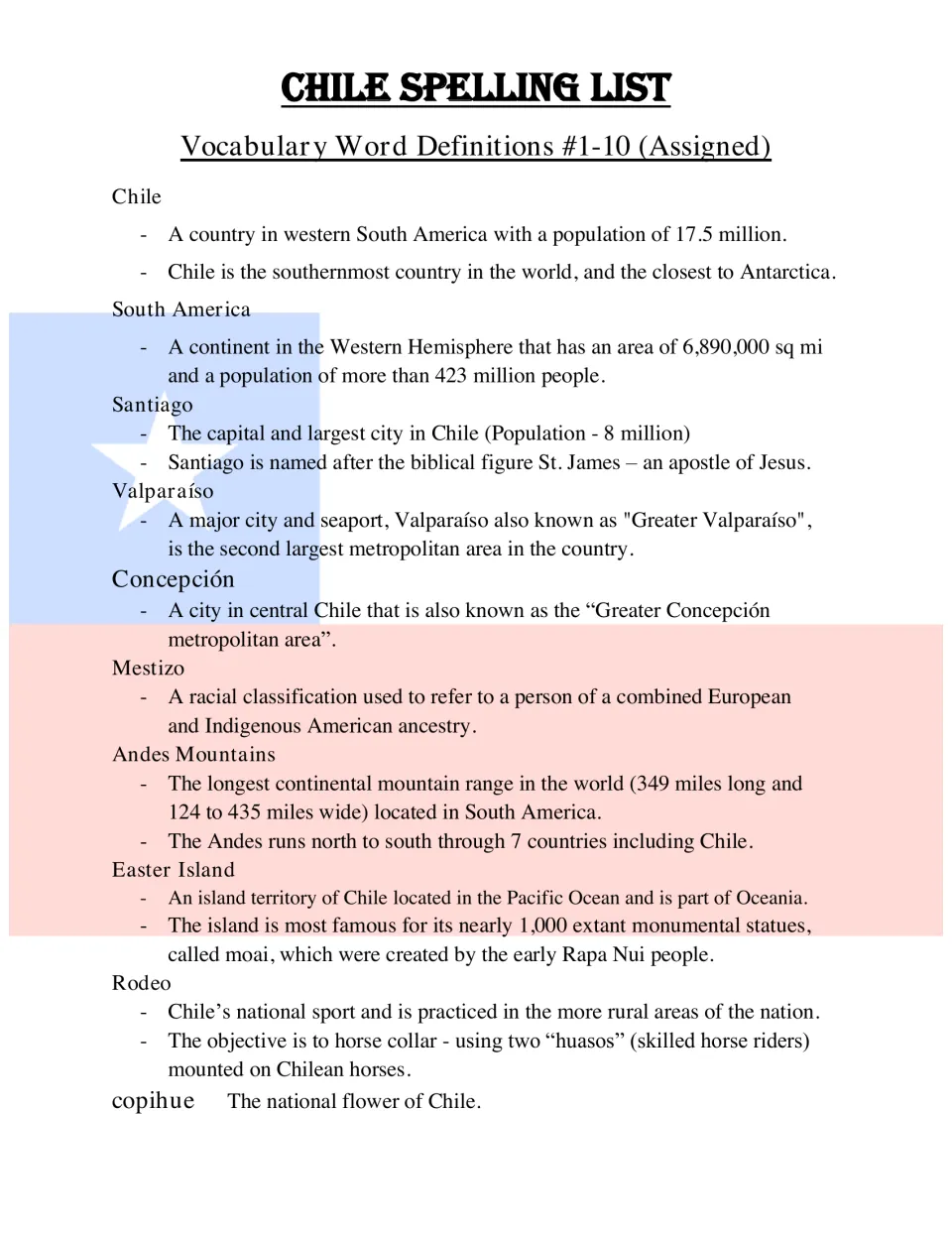 Definitions for assigned words 1–10, covering Chile, its cities, Andes Mountains, Easter Island, and more