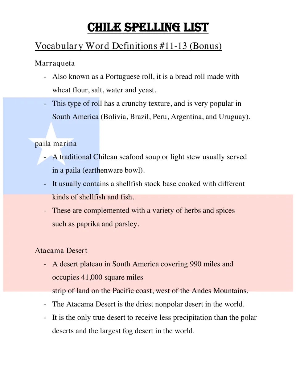 Definitions for bonus words 11–13: Marraqueta (bread roll), paila marina (seafood soup), and Atacama Desert