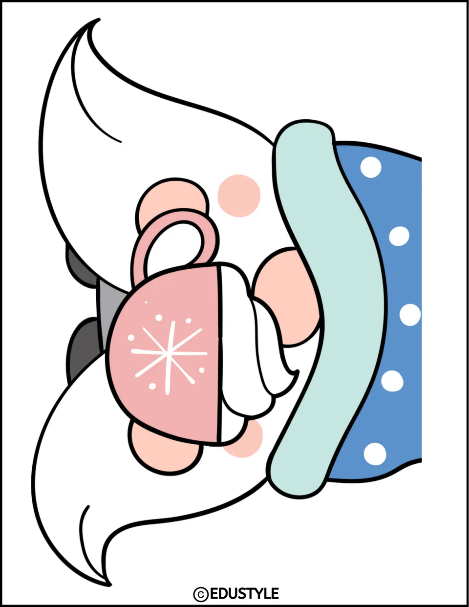 Enlarged cocoa gnome decoration, lower section showing the white beard, pink mug, and hands for the display
