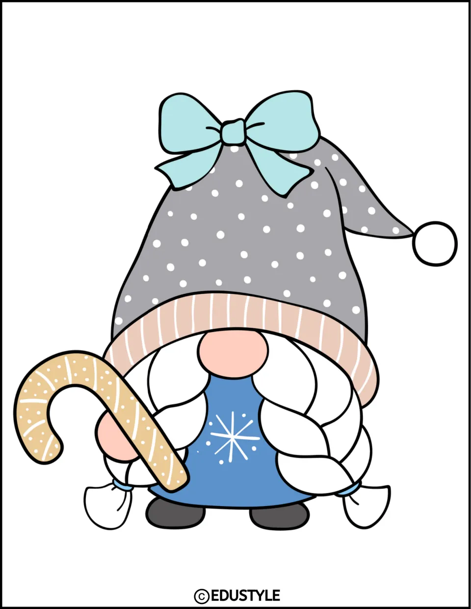 Complete braided gnome decoration for the winter display, holding a candy cane and wearing a gray dotted hat