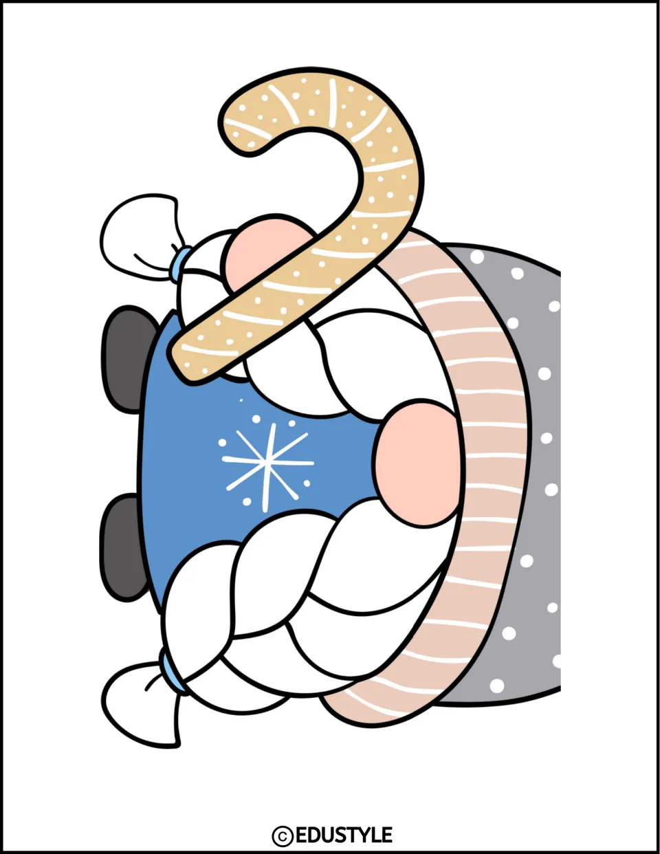 Enlarged braided gnome decoration, lower section with a candy cane, white braids, and blue outfit for display