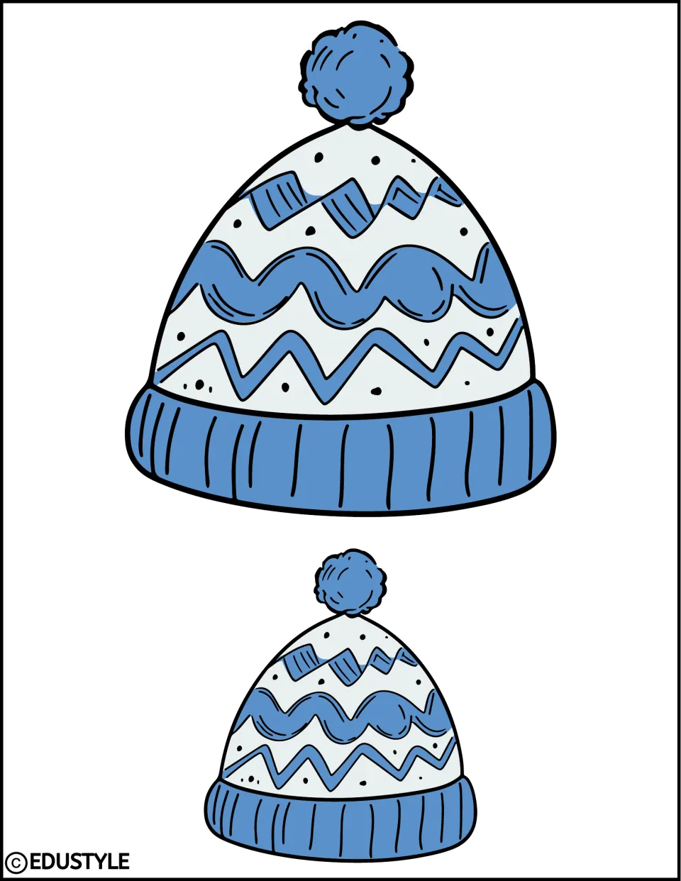 Two blue and white patterned beanie decorations in different sizes for the winter bulletin board or door display