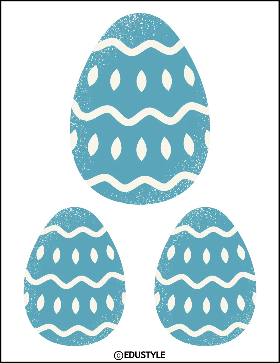 Three blue Easter egg cutouts in two sizes with cream waves and leaf-shaped marks for classroom decor