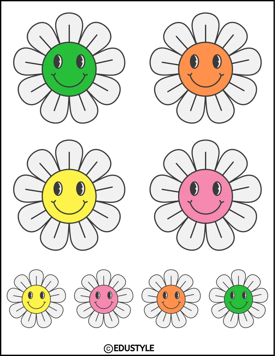 Eight smiling flower cutouts for the spring display: green, orange, yellow, and pink centers in two sizes
