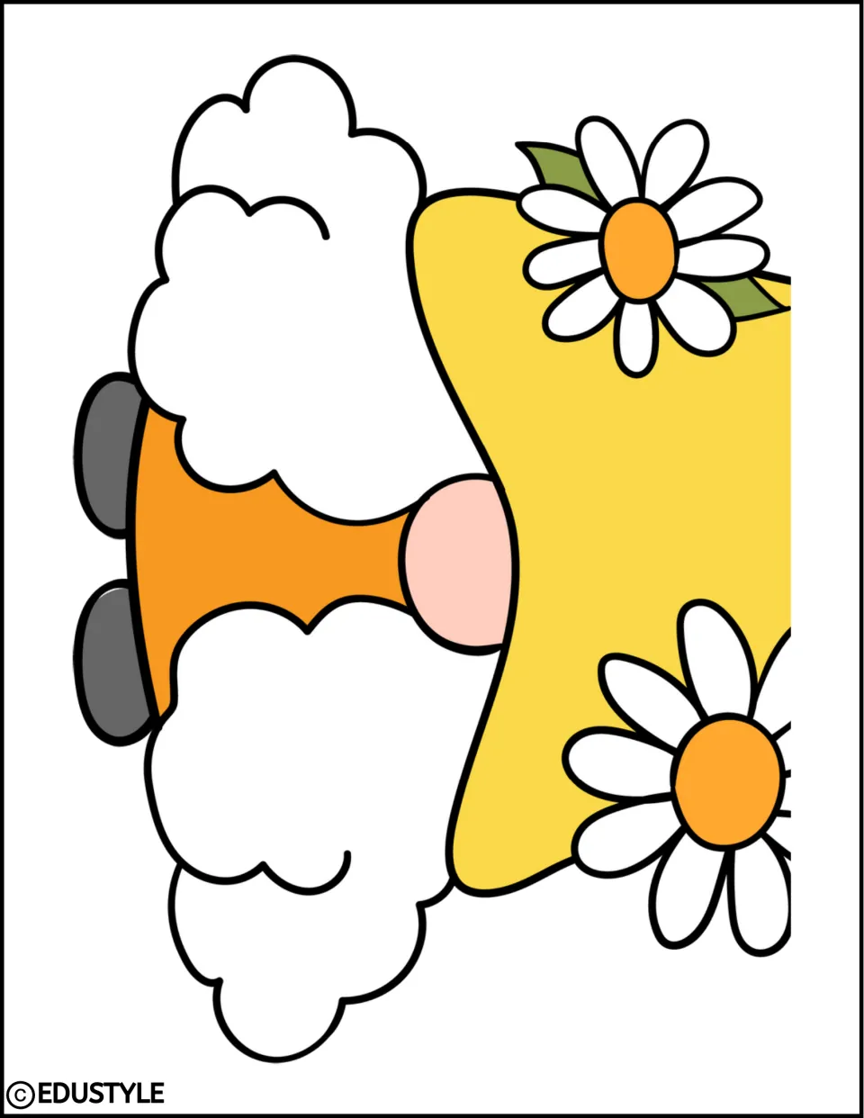 First sheet of the enlarged spring gnome cutout, showing gray shoes, an orange outfit, white hair, and hat base