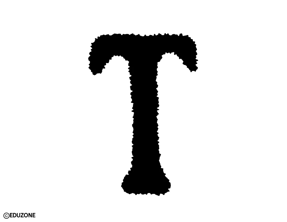 Halloween display lettering: a full-page black capital T in a rough, spooky font, printed to cut out for a board title