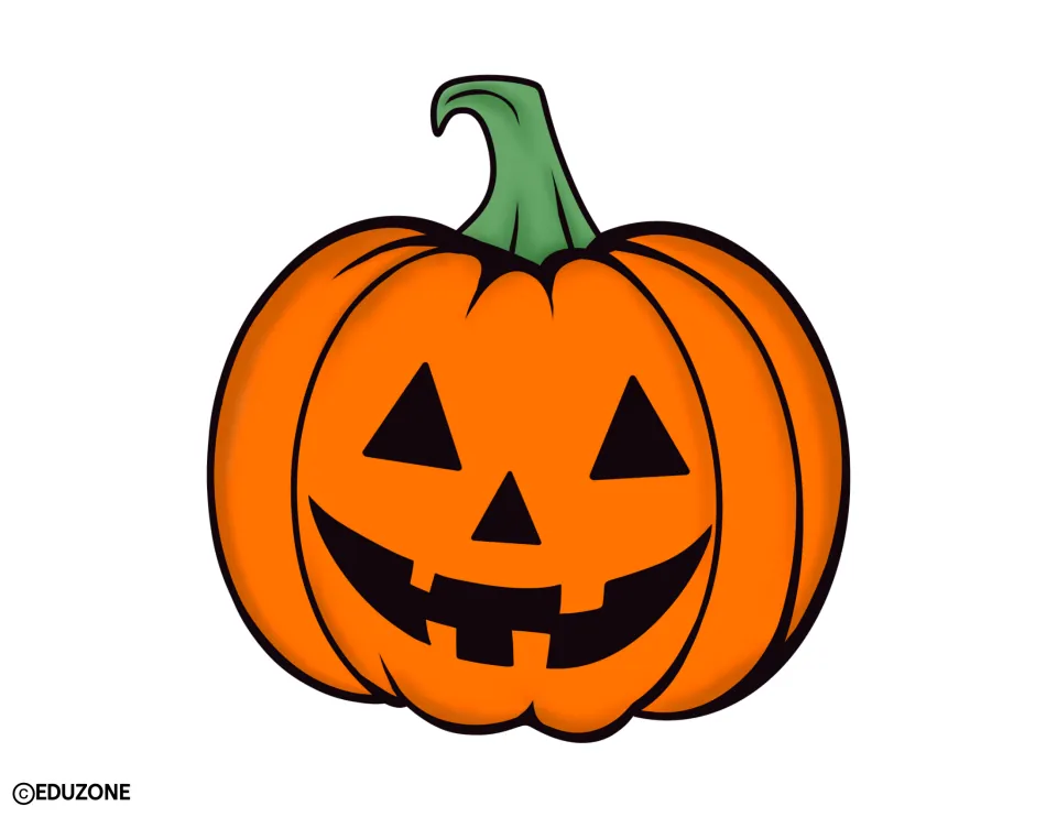 Halloween decor cut-out: a second jack-o'-lantern, its green stem curling left, with triangle eyes and a toothy smile