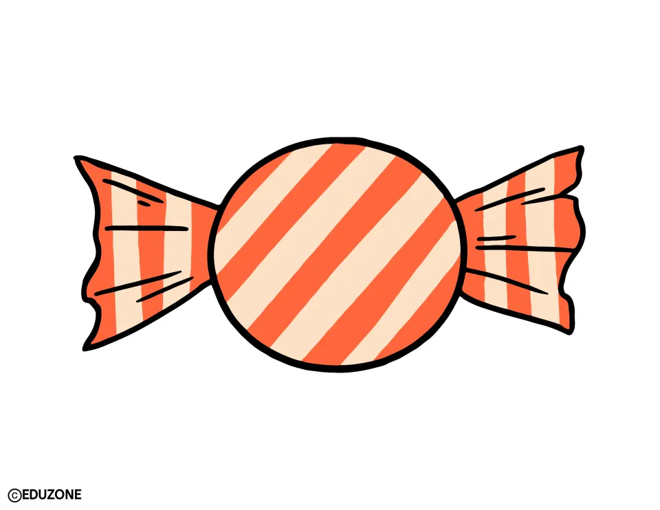 Halloween decor cut-out: a round wrapped candy with orange and cream diagonal stripes and twisted wrapper ends