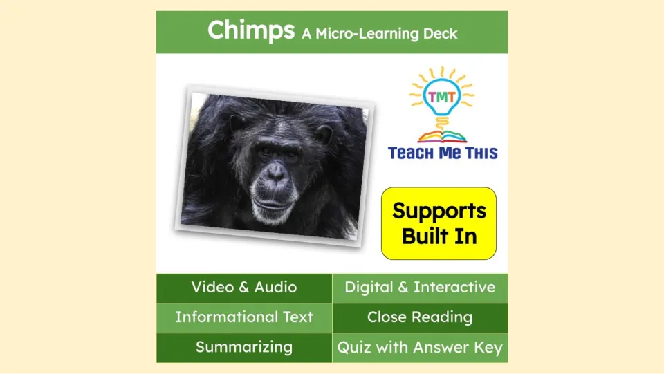 Chimpanzee lesson cover lists video, audio, informational text, close reading, summarizing, and a quiz.