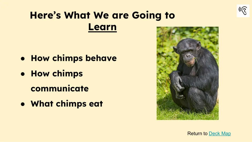 Learning preview identifies three topics for the lesson: how chimps behave, how they communicate, and what they eat.